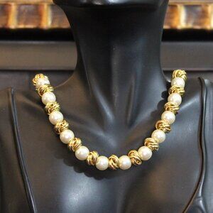 Anne Klein Glass Faux Pearl Gold Tone Beaded on Chain Necklace